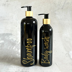 250 ml shampooflaske med guldkant og label