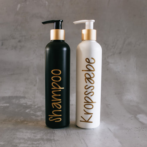 250 ml shampooflaske med guldkant og label